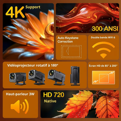 Vidéoprojecteur 4K 720P Mini WiFi6 Android Autofocus Rotation 180°