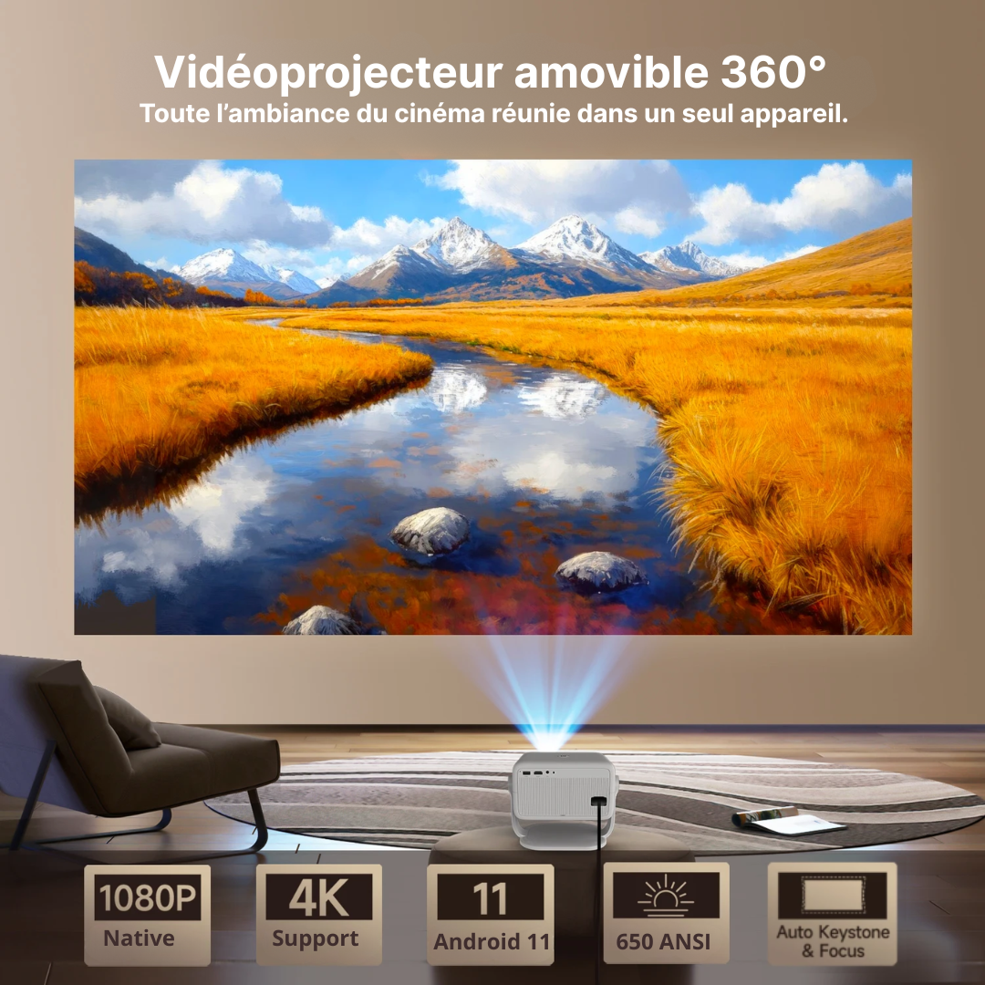 Vidéoprojecteur 4K Full HD Android WiFi6 Autofocus 650ANSI 360° Portable