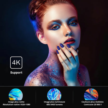 Vidéoprojecteur 4K WiFi6 Bluetooth 26000 Lumens Full HD Autofocus Portable